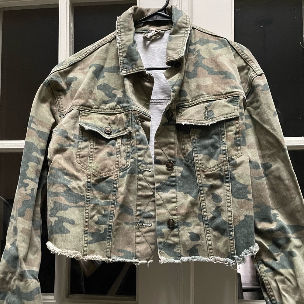 Free People cropped denim camouflage jacket